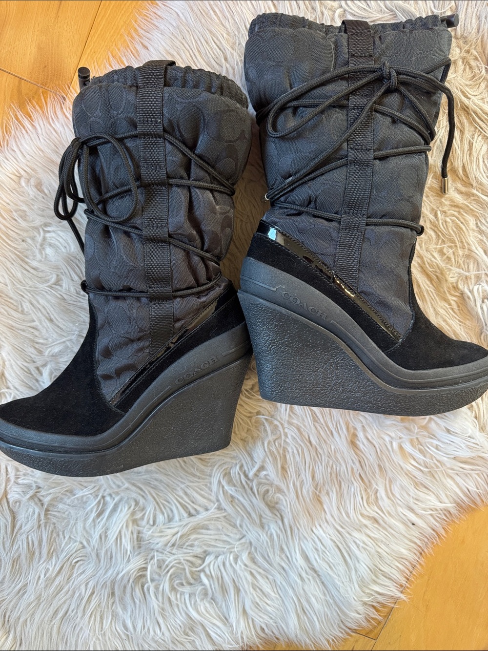 Coach Black Quilted Logo Wedge Boots  Worn Once!!
